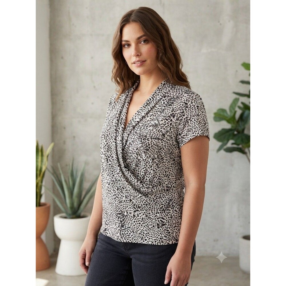 DKNY Short-sleeve Faux-wrap Jersey Blouse Leopard Print Runched